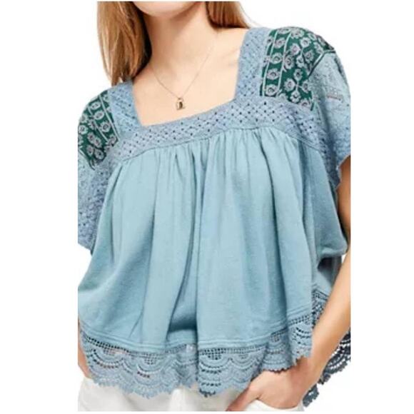 New Free People Prairie Days Floral Embroidered Lace Blouse $98 X-SMALL Seafoam - Picture 2 of 4